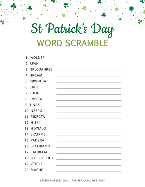St. Patric's Day Word Scramble Puzzle