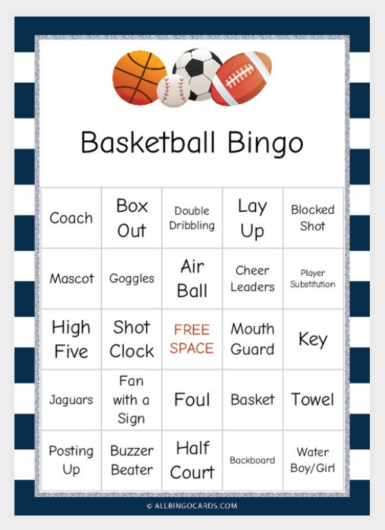 Printable Basketball Bingo Game Cards